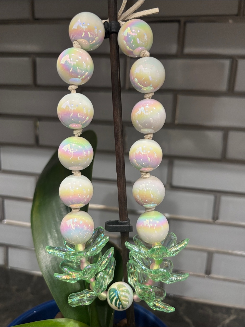 Homemade Car Lei | White Iridescent with Green Accents
